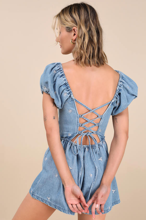 Lulus Feylith Light Wash Denim Embroidered Romper In Blue