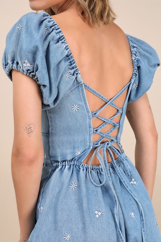 Feylith Light Wash Denim Embroidered Romper
