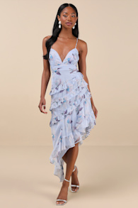 Saveria Light Blue Floral Ruffled Asymmetrical Maxi Dress