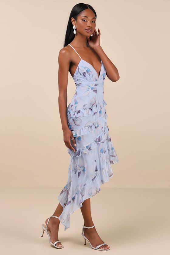 Lulus Saveria Light Blue Floral Ruffled Asymmetrical Maxi Dress In Light Blue