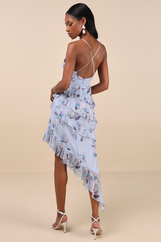 Lulus Saveria Light Blue Floral Ruffled Asymmetrical Maxi Dress In Light Blue