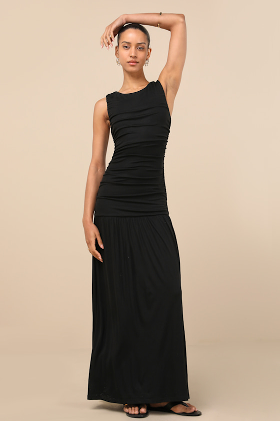Lulus Tamber Black Jersey Knit Drop Waist Midi Dress In Black