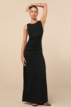Black Ruched Midi Dress - Jersey Knit Dress - Drop Waist Dress - Lulus