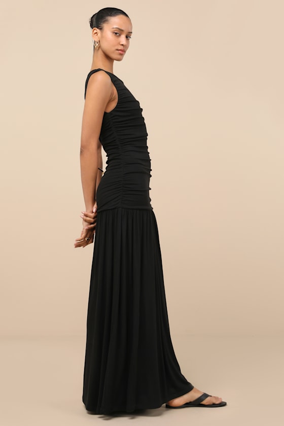 Lulus Tamber Black Jersey Knit Drop Waist Midi Dress In Black