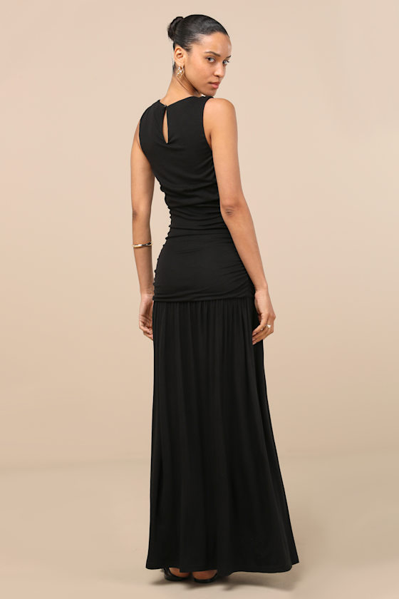 Lulus Tamber Black Jersey Knit Drop Waist Midi Dress In Black