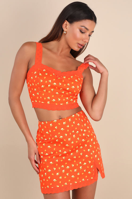 Lulus Emanita Red Orange Ditsy Floral Two-piece Bodycon Mini Dress In Red Orange