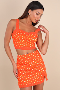 Emanita Red Orange Ditsy Floral Two-Piece Bodycon Mini Dress