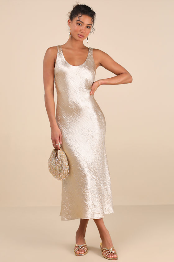 Lulus Christelle Champagne Crinkle Satin Backless Midi Slip Dress In Champagne