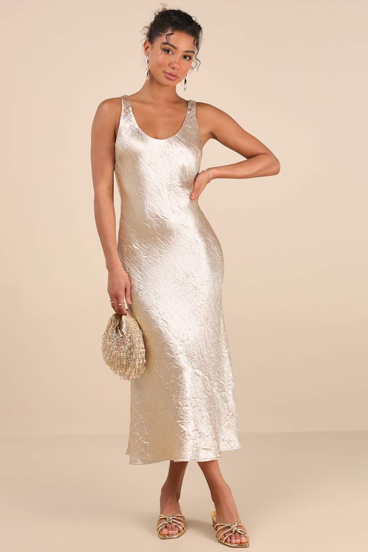 Christelle Champagne Crinkle Satin Backless Midi Slip Dress