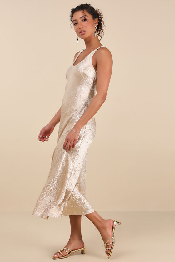 Image of Christelle Champagne Crinkle Satin Backless Midi Slip Dress | Lulus