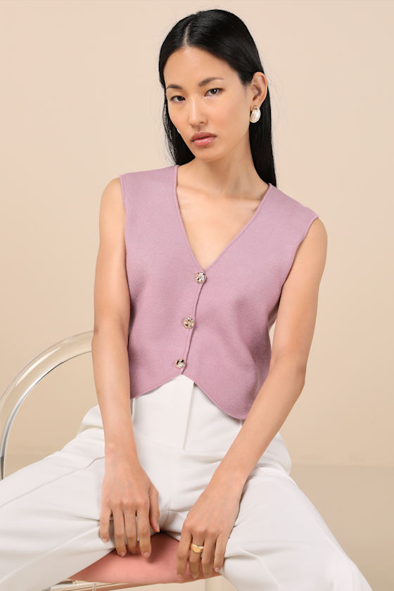 Lulus Reanna Dusty Lavender Button-front Sweater Vest Top In Purple