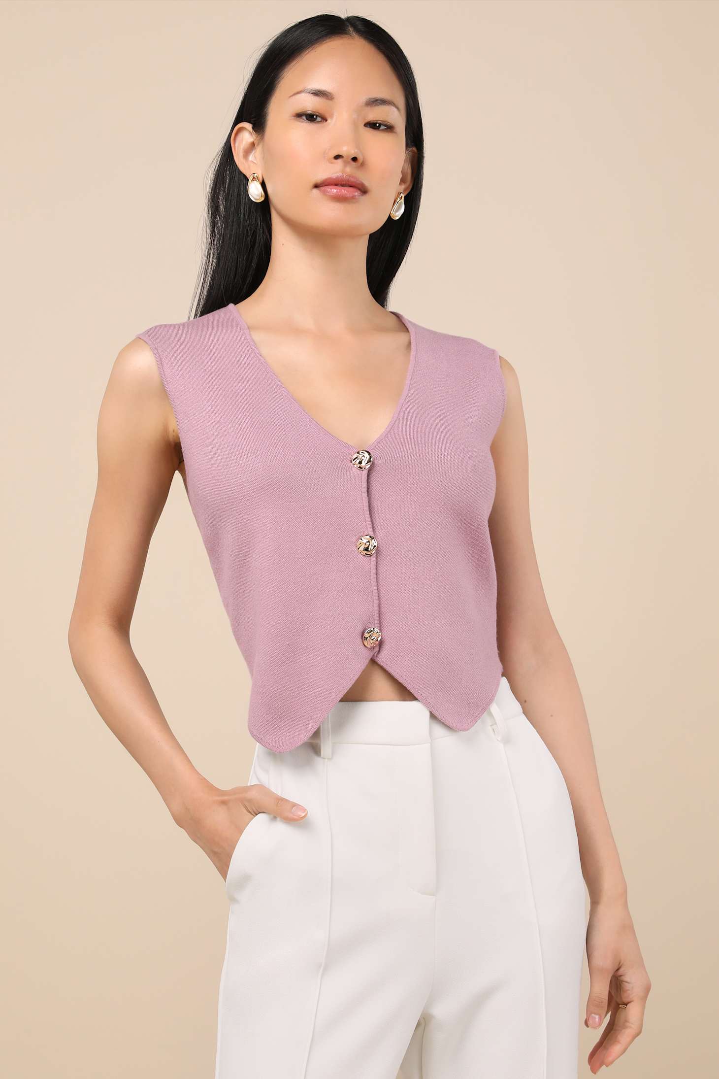Reanna Dusty Lavender Button-Front Sweater Vest Top