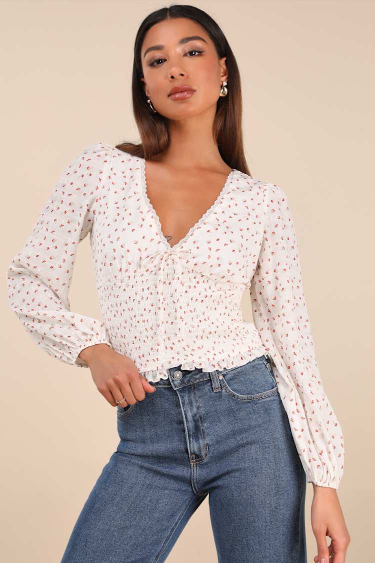 Kellie Ivory Floral Smocked Long Sleeve Top
