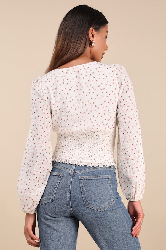 Ivory Floral Print Blouse - Long Sleeve Blouse - Smocked Ivory Floral Print Blouse - Long Sleeve Blouse - Smocked