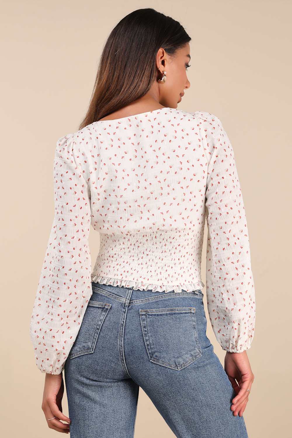 Kellie Ivory Floral Smocked Long Sleeve Top