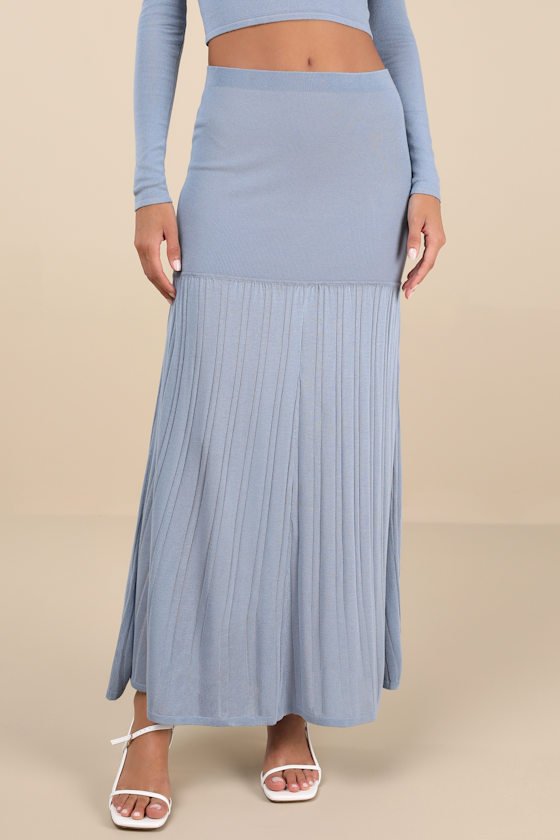 4th & Reckless Nancy Slate Blue Knit Ribbed Maxi Skirt In Slate Blue