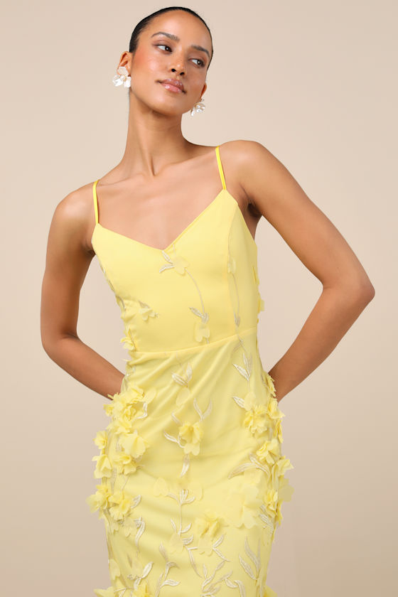 Image of Limitless Adoration Yellow 3D Floral Embroidered Midi Dress