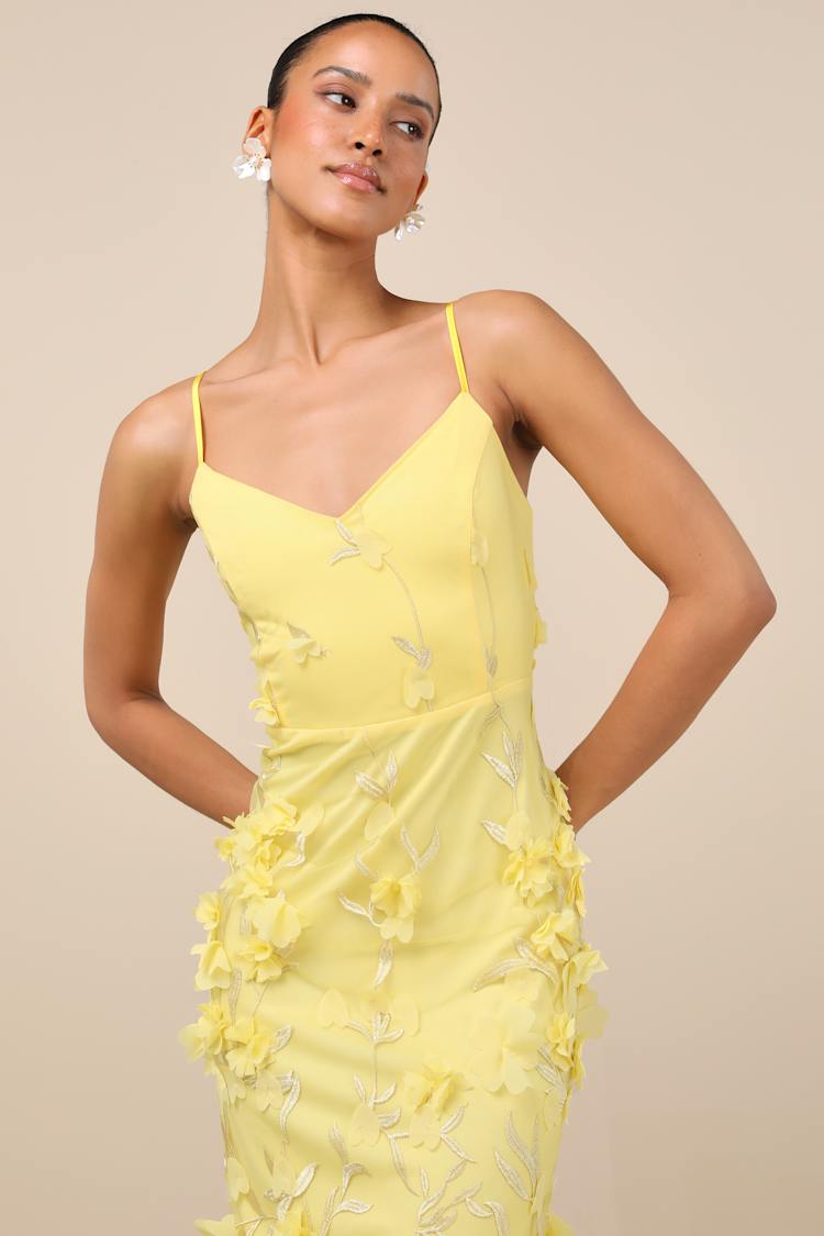 Limitless Adoration Yellow 3D Floral Embroidered Midi Dress