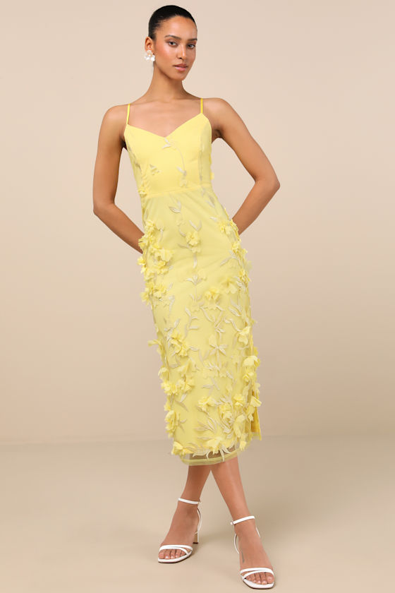 Limitless Adoration Yellow 3D Floral Embroidered Midi Dress 3