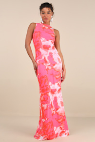 Telestia Hot Pink Abstract Mesh Mermaid Maxi Dress