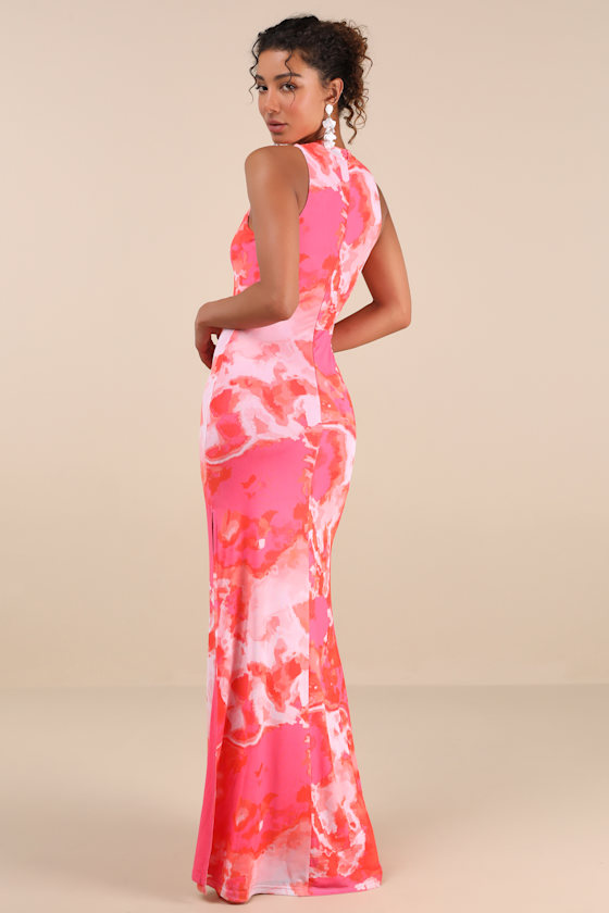 Lulus Telestia Hot Pink Abstract Mesh Mermaid Maxi Dress In Hot Pink