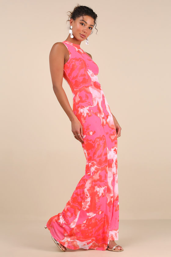 Lulus Telestia Hot Pink Abstract Mesh Mermaid Maxi Dress In Hot Pink
