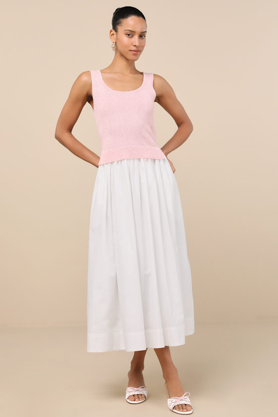 Lulus Celsa Pink And Ivory Mixed Media Sleeveless Midi Sweater Dress In Ivory