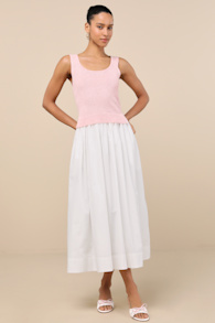 Celsa Pink and Ivory Mixed Media Sleeveless Midi Sweater Dress