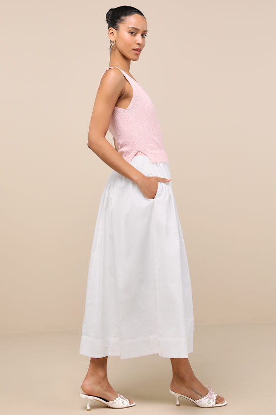 Lulus Celsa Pink And Ivory Mixed Media Sleeveless Midi Sweater Dress In Ivory