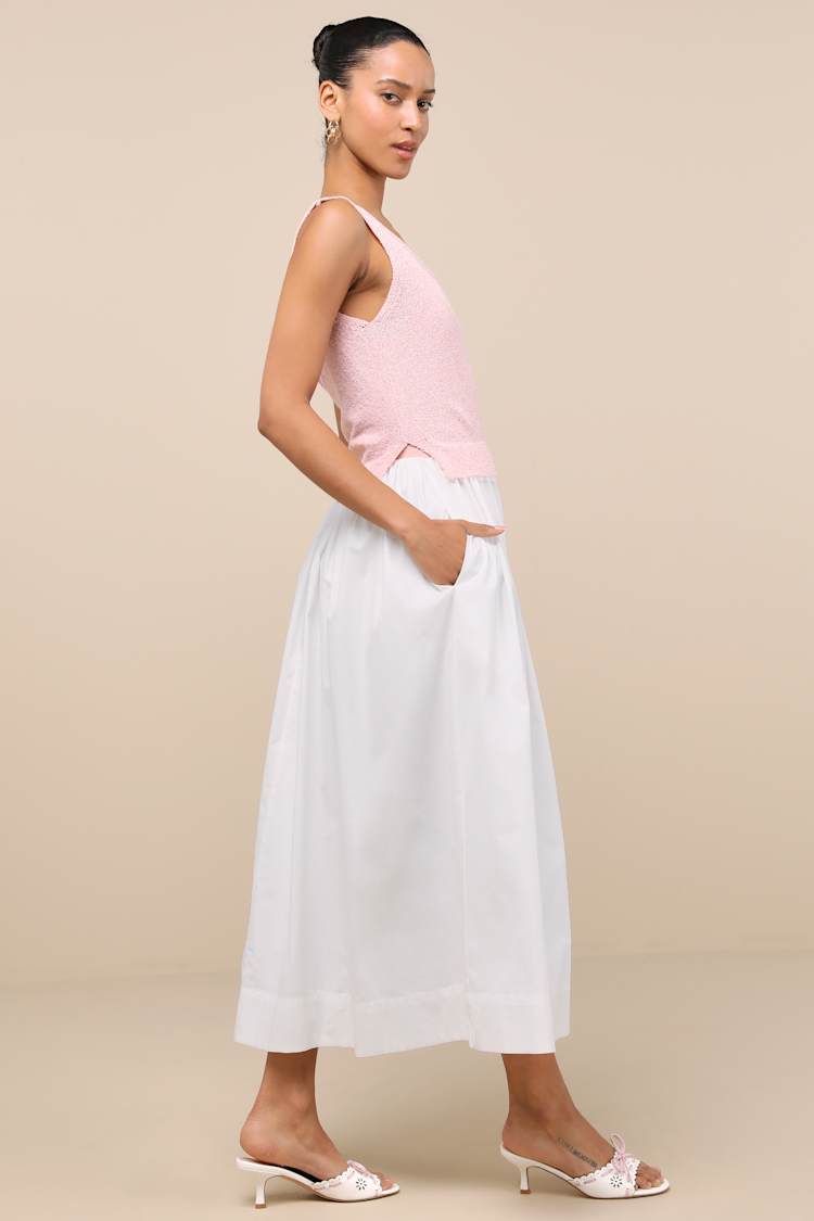 Celsa Pink and Ivory Mixed Media Sleeveless Midi Sweater Dress