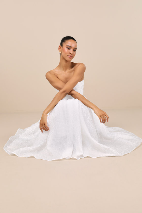Shop Lulus Analeia Ivory Jacquard Lace-up Strapless Midi Dress