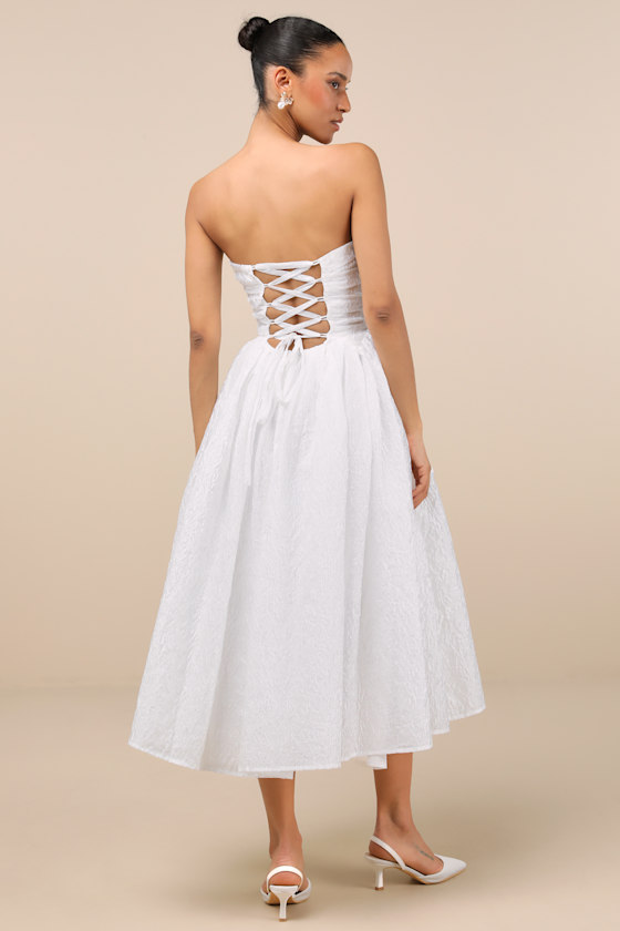 Shop Lulus Analeia Ivory Jacquard Lace-up Strapless Midi Dress