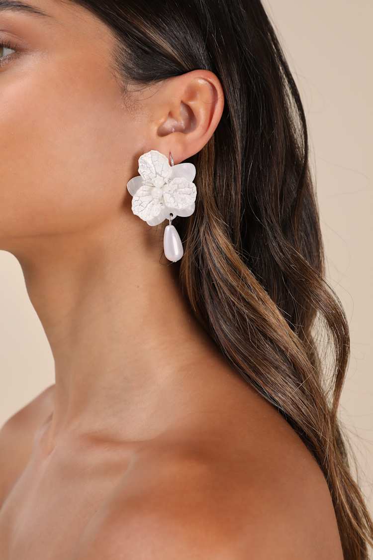 Elaborate Addition White Pearl Flower Statement Earrings