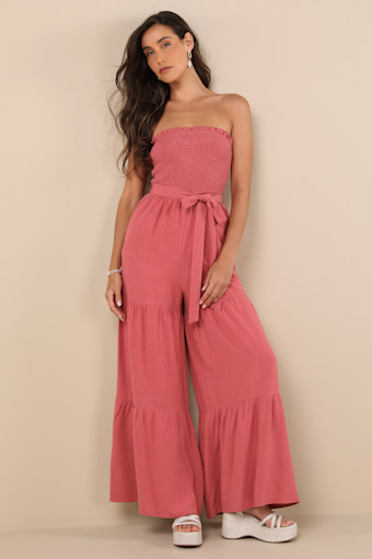 Effective Charm Rusty Rose Linen Strapless Jumpsuit 1