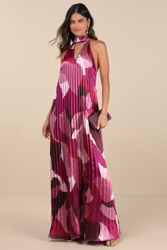 Prime Poise Pink Multi Abstract Satin Halter Maxi Dress