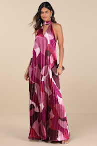 Prime Poise Pink Multi Abstract Satin Halter Maxi Dress 2