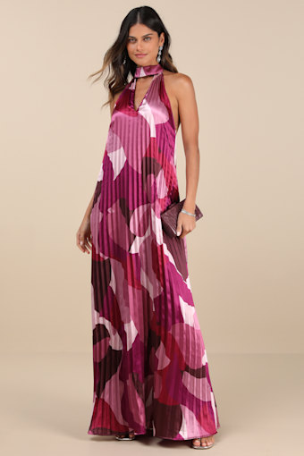 Prime Poise Pink Multi Abstract Satin Halter Maxi Dress 2