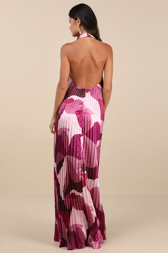 Lulus Prime Poise Pink Multi Abstract Satin Halter Maxi Dress In Pink