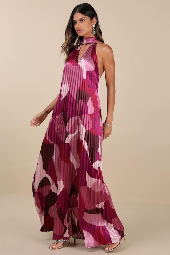 Lulus Prime Poise Pink Multi Abstract Satin Halter Maxi Dress In Pink