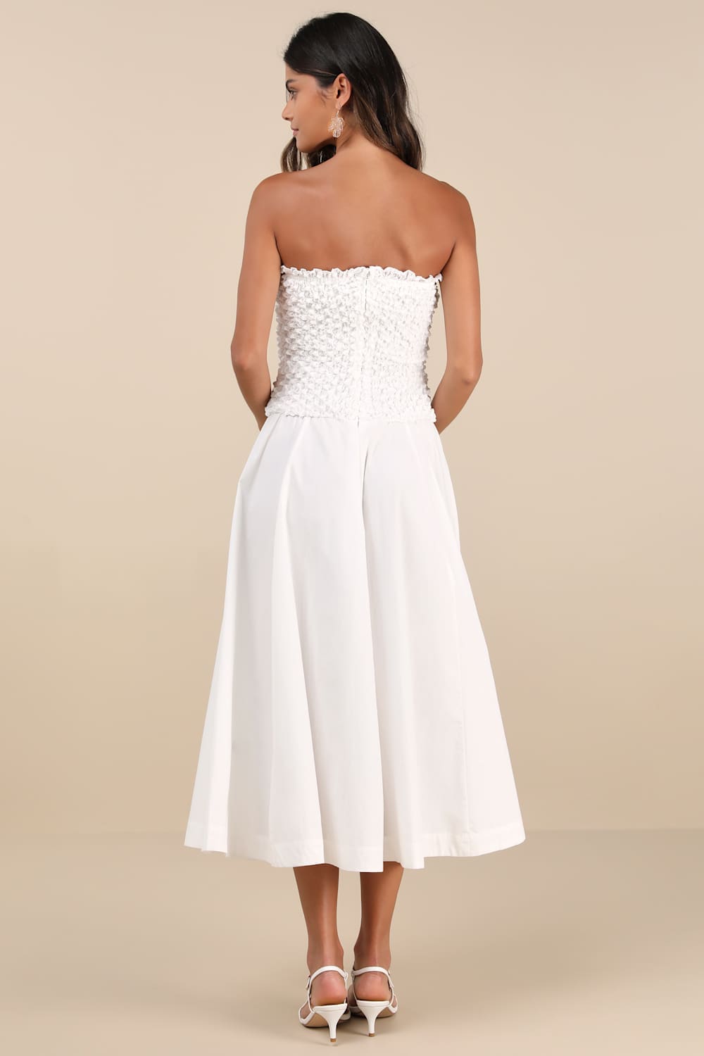 Aaralyn White Textured Strapless Drop Waist Midi Dress