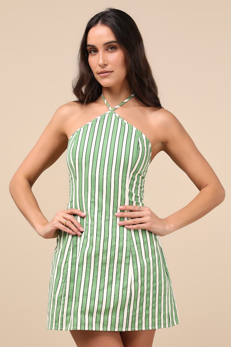 Lulus | Green Striped Halter Mini Dress | Womens | X-Large (Available in XS, S, M, L) | 100% Cotton