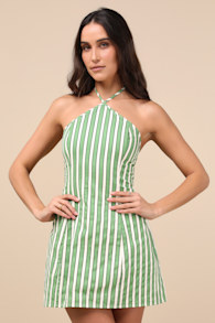 Madelia Green Striped Halter Mini Dress 1