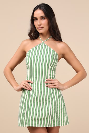 Madelia Green Striped Halter Mini Dress 1
