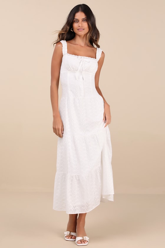 Shop Lulus Nerissa White Eyelet Embroidered Ruffled Drop Waist Midi Dress