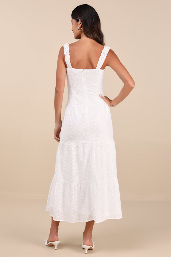 Shop Lulus Nerissa White Eyelet Embroidered Ruffled Drop Waist Midi Dress