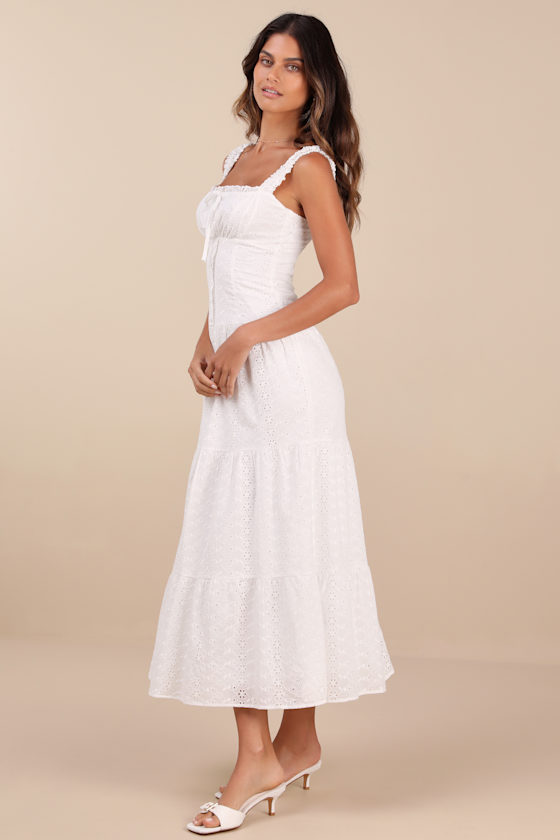 Shop Lulus Nerissa White Eyelet Embroidered Ruffled Drop Waist Midi Dress