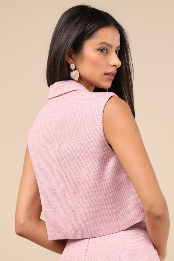 Lulus Perfect Company Pink Tweed Sleeveless Cropped Blazer In Pink