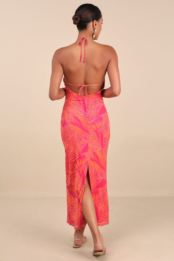 Lulus Camadi Hot Pink Animal Print Mesh Backless Midi Dress In Hot Pink