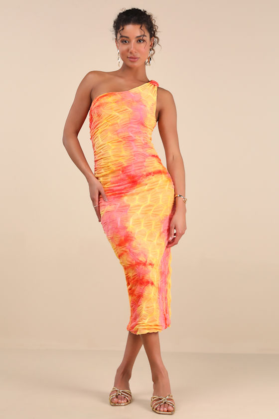 Lulus Donica Yellow Multi Tie-dye One-shoulder Midi Dress In Yellow
