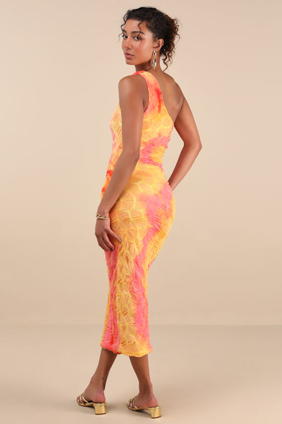 Lulus Donica Yellow Multi Tie-dye One-shoulder Midi Dress In Yellow